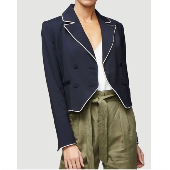 Frame Piped‎ Cropped Blazer women's 6 navy blue double breasted - Picture 2 of 9